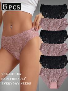 6 Stücke elegantes Set aus einfarbiger Baumwoll-Slip-Unterhose mit Spitzenbesatz für Damen