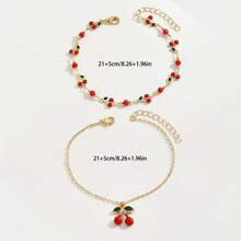 2 pezzi Cavigliera donna con pendente a forma di ciliegia, semplice e alla moda, adatta per uso casual, viaggio, spiaggia, uso quotidiano, elegante e luminosa collana gioiello.