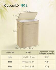 SONGMICS Panier à Linge en Bambou, Corbeille à Linge, 90 Litres, Sac Amovible et Lavable en Machine, Couvercle, Poignées, Buanderie, Chambre, Salon, Couleur Naturelle - Beige - Voir 4