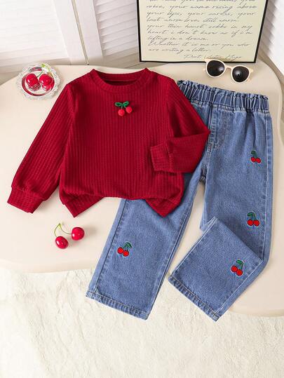 Young Girls Valentine's Day Waffle Solid Color Cherry Decor Long Sleeve Crew Neck Top + Casual Embroidered Denim Pants