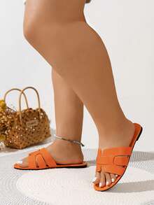 宽版女式时尚蛇纹露趾橙色凉鞋，夏季度假风格 PU 平底凉鞋 - 亮橙色 - 查看 2