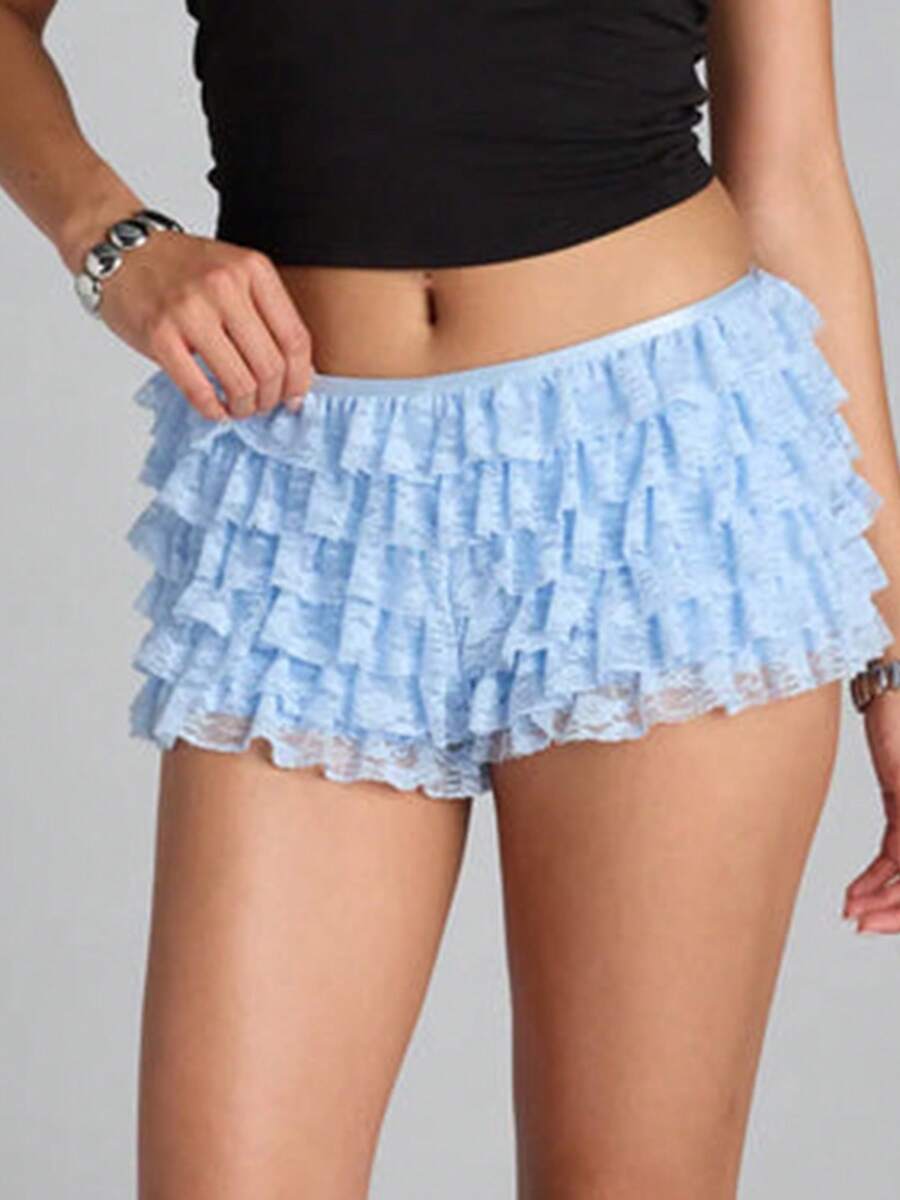 Women's Layered Lace Shorts Casual Stylish Solid Elastic Low Rise Shorts For Spring/Summer - Blue - View 1