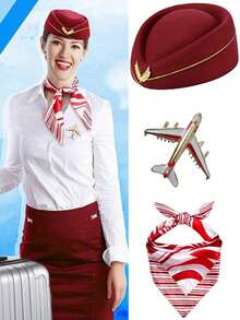 D EXCEED 1/2/3 Pcs Stewardess Hat, Scarf & Airplane Pin Set – Women's Flight Attendant Cosplay Accessories For Halloween, Themed Parties & Costume Events - Multicolor - View 2