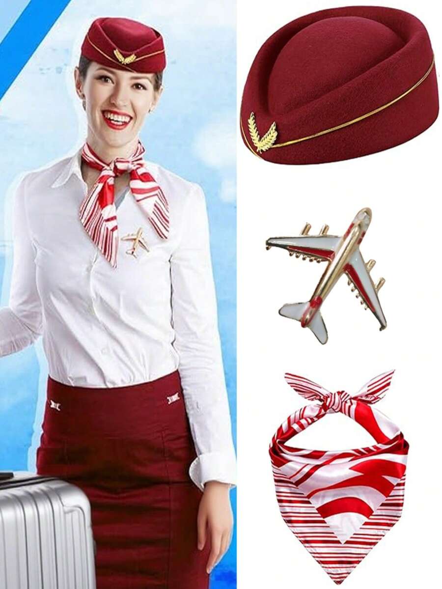 D EXCEED 1/2/3 Pcs Stewardess Hat, Scarf & Airplane Pin Set – Women's Flight Attendant Cosplay Accessories For Halloween, Themed Parties & Costume Events