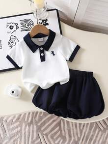 2 件套女婴马球领刺绣背心和泡泡短裤套装，可爱优雅的街头风格