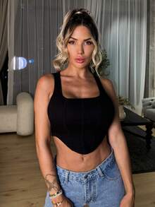 Manon Tanti Top corto asimétrico de un solo color para el verano - Negro - Ver 3
