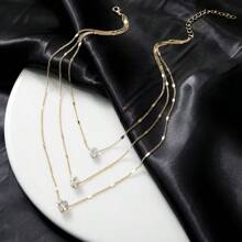 1 Piece Of Iron Chain Synthetic Pendant Three-Layer Necklace Three-Layer Five-Star Love Water Drop Pendant Retro Necklace, Clavicle Chain Fashionable Simple High-End Necklace Gift Friends, Stacking Style Multi-Layer Necklace Love Star Water Drop Diamond Pendant European And American Ins High-End Clavicle Chain