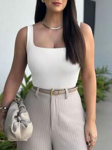 Kit 3 Body Bory Bori Women's Square Neck Tank Top Thick Strap Winter Colors Suplex Basic Simple - 裸色/白色/棕色 - 查看 4