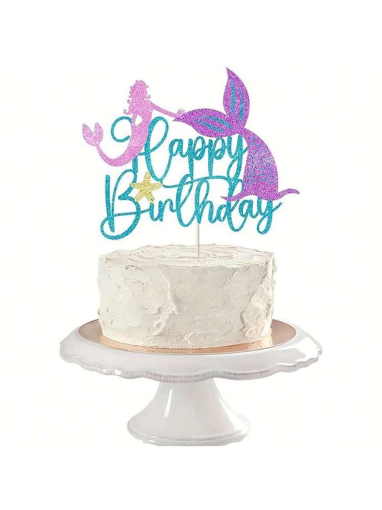 1 pezzo Decorazione torta topper Buon Compleanno a tema Sirena - Con conchiglie glterate, coda in corallo, per festa di compleanno, festa di nascà a tema sottomarino | SHEIN ALIA