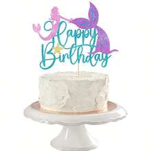 1 件美人鱼生日快乐蛋糕装饰 - 闪光贝壳珊瑚尾签装饰适用于海底 BB 淋浴生日派对用品 - 彩色 - 查看 9