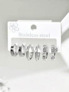 6pcs/Set Elegant Minimalist Stainless Steel Hoop Earrings Set - Multicolor - View 4