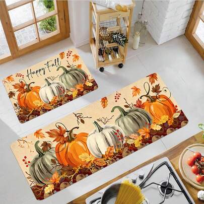 1/2 piezas Alfombra de piso de Acción de Gracias de otoño, alfombra de piso de cocina con patrón clásico de calabaza naranja y hoja de arce roja, perfecta para uso interior y exterior, fiestas, decoración festiva del hogar, diseño de piso de Acción de Gracias | Decoración con tema de otoño | Alfombra de piso duradera