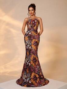Luxury Embroidered Bead Decor Elegant Women Long Dress, Halter Backless Design - Multicolor - View 1