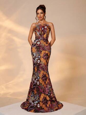 Women's Luxury Evening Dress, Embroidered Pattern, Beaded, Elegant Long Gown, High Quality Strapless Wedding Vacation