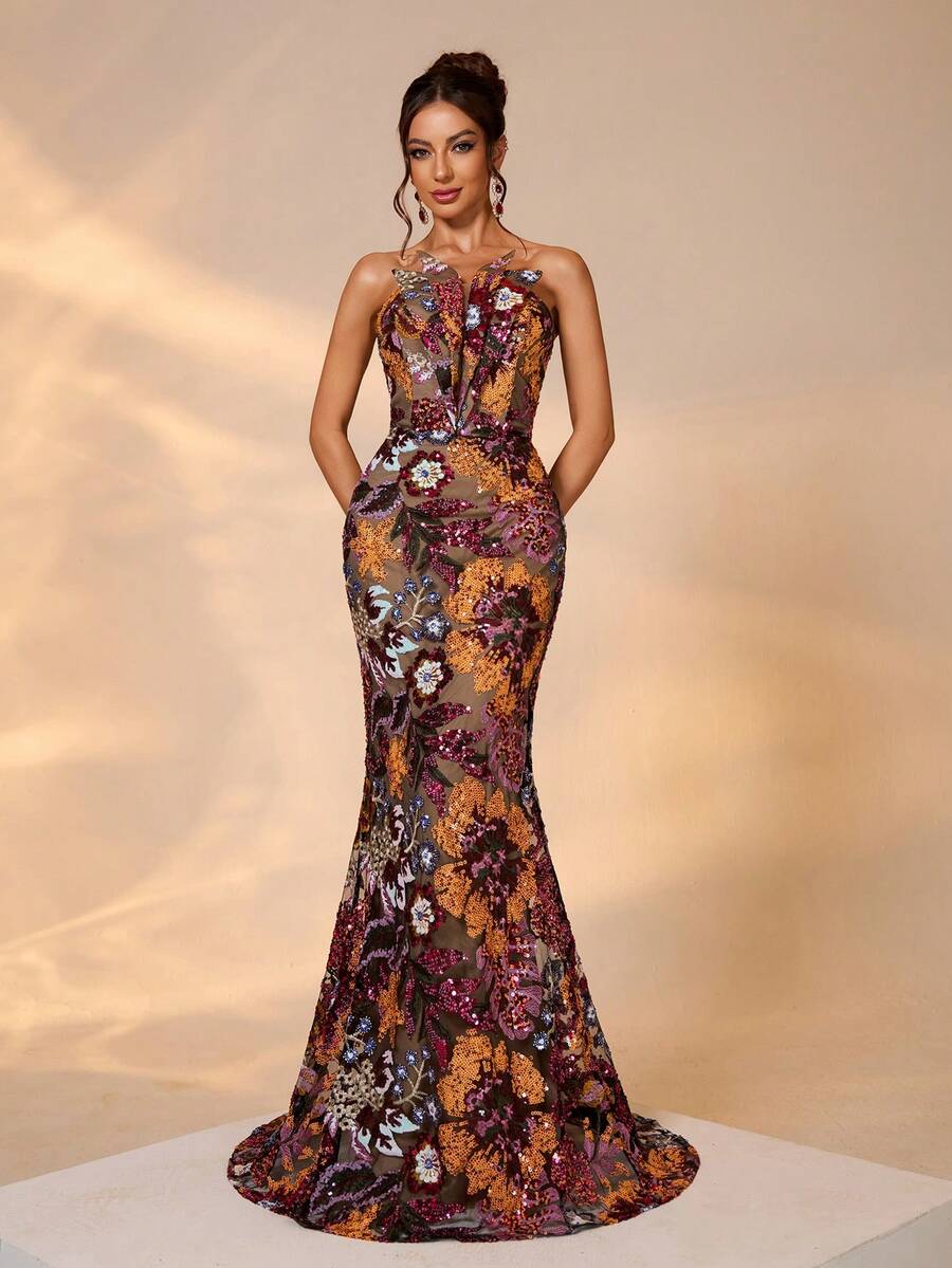 Luxury Embroidered Bead Decor Elegant Women Long Dress, Halter Backless Design - Multicolor - View 1
