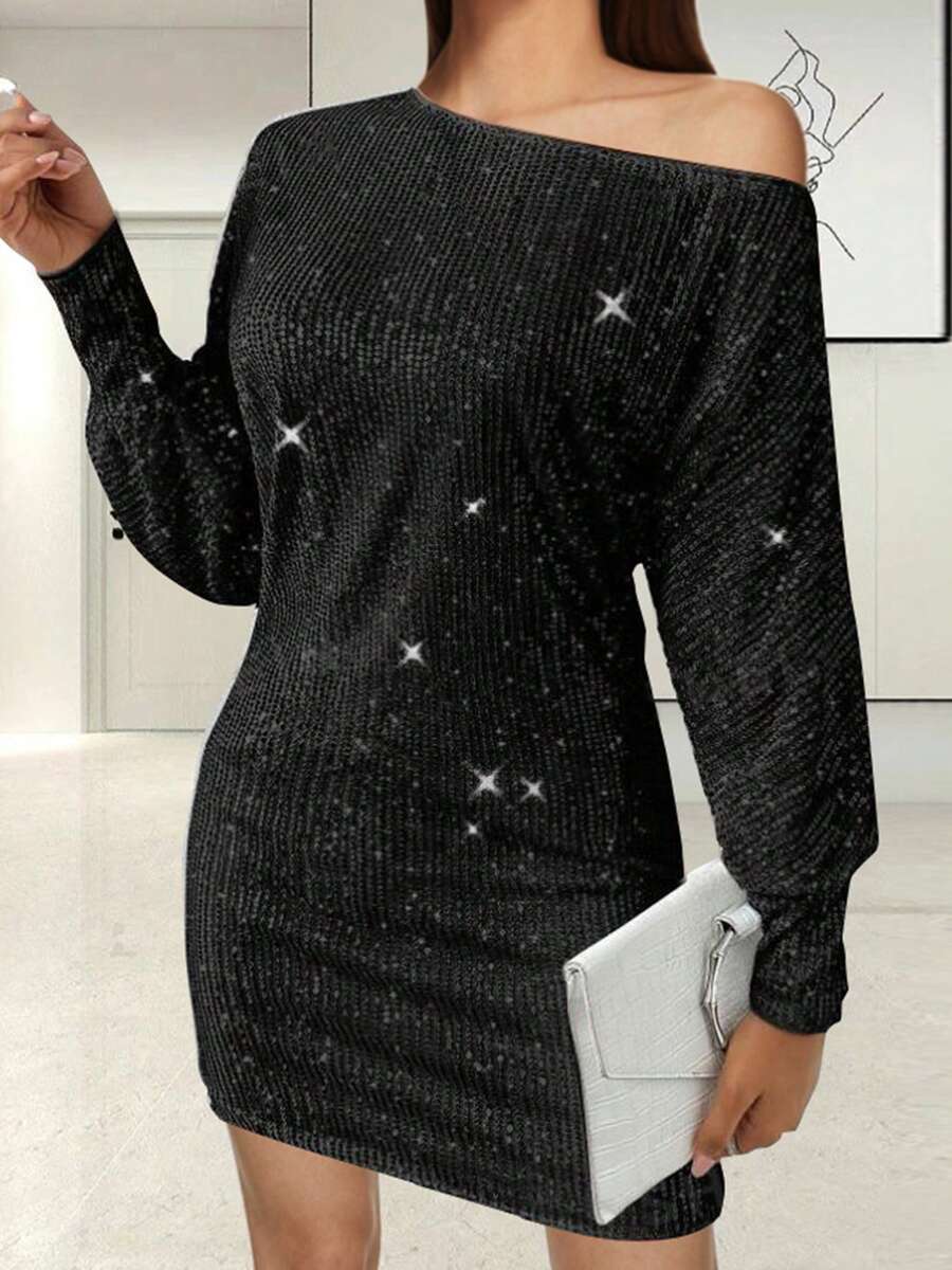 Women's Off One Shoulder Sequined Dress Slim Fit Stylish Sparkly Long Sleeve Mini Bodycon Dress - 黑色 - 查看 1