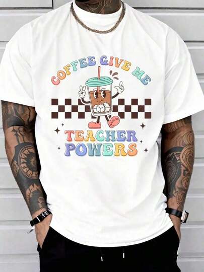 [2.2k+ Sold] 100% Cotton Retro Groovy Coffee Give Me Teacher Powers Back To School T-Shirt Print T-Shirt Casual Crew Neck Short Sleeve Comfort Tee Top For Spring & Summer Men's Clothing
