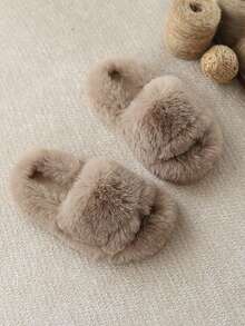 Zapatillas de casa de diseño minimalista y unicolor para niñas, de peluche, cálidas y suaves para el invierno - Caqui - Ver 5