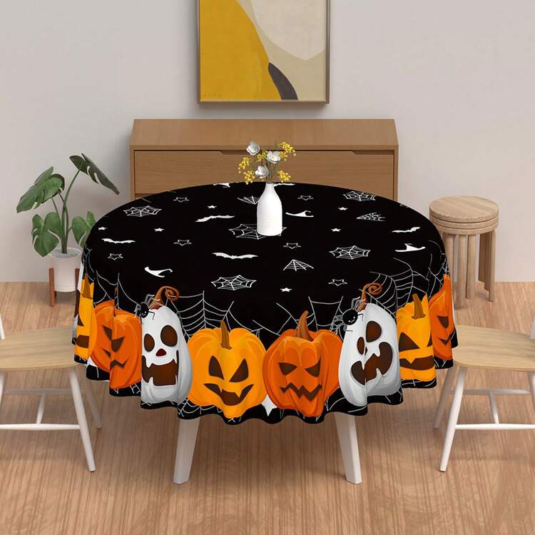 1pc Round Tablecloth Diameter 145cm (57.08inch), Rectangular Tablecloth 140x180cm (55.11inch X 70.86inch). Halloween Pumpkin Face Pattern Polyester Tablecover, Black Background With White Spider Web, Bats, Stars And Witch Hat Patterns, Suitable For Round Dining Tables, Holiday Gatherings And Party Decor - Black and White - View 4