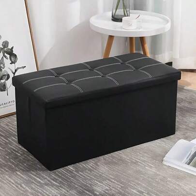 Faux Leather Storage Ottoman Footstool - Foldable Seat Stool, Toy Box Chair | Space-Saving Bench For Hallway, Bedroom (76x38x38cm, Black)