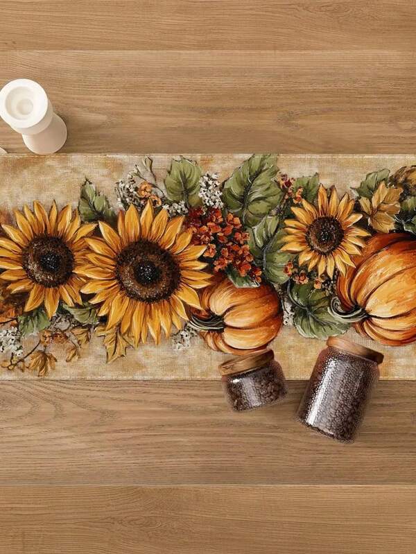 1pc 100% Line Table Runner - Pumpkin & Autumn Leaf Floral Design, Warm Orange-Brown Harvest Thanksgiving Decor For Kitchen Dining Table, Halloween Party, Durable Easy-Clean Festive Home Decoration, Halloween Party Decor | Autumnal Theme Decor | Decorative Table Runner, Halloween Decorations- Fall Decorations For Home (13x35.4/47.2/63/72/78.7 Inches),
