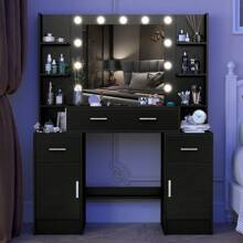 Black Dressing Table Makeup Vanity Desk With LED Lights Mirror, Drawers, Shelves, Storage Cabinets, LED Bulbs Mirror & 3 Color Modes Adjustable Brightness, Large Vanity Makeup Desk For Girls Bedroom, Modern Design Bedroom Furniture