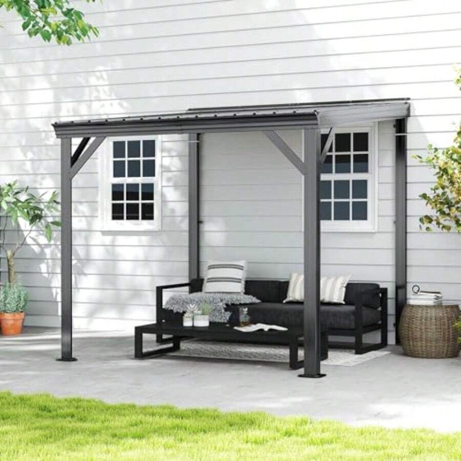 Domi 8'x8' Lean To Gazebo Hardtop Expandable Wall Mounted Pergola With Gutters Gaanized Steel Roof 60MPH Wind Resistance Outdoor Metal Heavy Duty Metal Awning For Patio Deck Backyard Grey - Gray - View 1