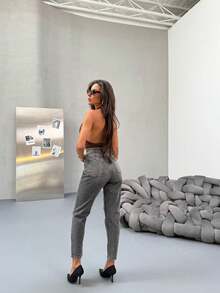 High Waist Knee Laser Ripped Boyfriend Mom Jeans, Solid Color Destroyed Asymmetrical Pockets - Dark Grey - View 3
