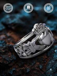 1pc S925 Sterling Silver Ring - Claddagh Celtic Wedding Band, Eternal Love Couple Ring, Loyalty Ring, Perfect For Expressing Love, Valentine's Day, Birthday Gift, Suitable For Daily Wear, Wedding, Party, Comes With Gift Box - Antique Silver - View 2