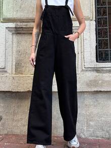 Denim Twill Jumpsuit With Casual Lace-Up Pockets And Button Closure - Black - View 5
