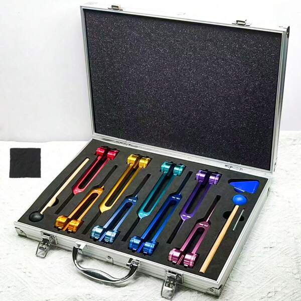 Set de regalo de 8 diapasones de colores en caja de aluminio, con frecuencias: 126.22Hz, 136.1Hz, 141.27Hz, 172.06Hz, 194.18Hz, 210.42Hz