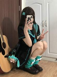 1pc Style Sailor Collar Short Sleeve Set, Basic Black & Mint Green Color Block JK School Uniform, Summer Halloween - màu đen - Xem 5