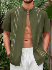 Runcati Mens Short Sleeve Guayabera Shirts Linen Cotton Button Down Mexican Embroidered Wedding Shirt Summer Tops - Army Green - View 2