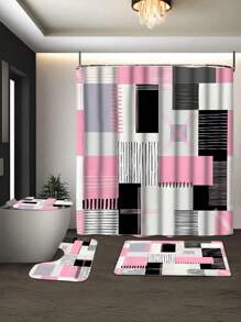 1/4pcs Pink Square Pattern Shower Curtain Set, 70.87x70.87inch Shower Curtain With Floor Mat, U-Shaped Mat, Toilet Seat Mat, With 12 Hooks Bathroom Decor