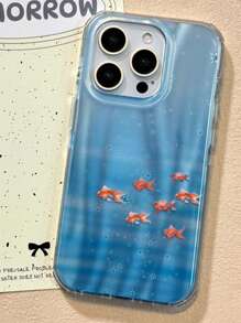 Ocean Cute Fish Gradient Blue Laser Phone Case Compatible With IPhone 16 15 14 13 12 11 Pro Max Korean Summer Goldfish Shockproof Bumper Protective Back Cover