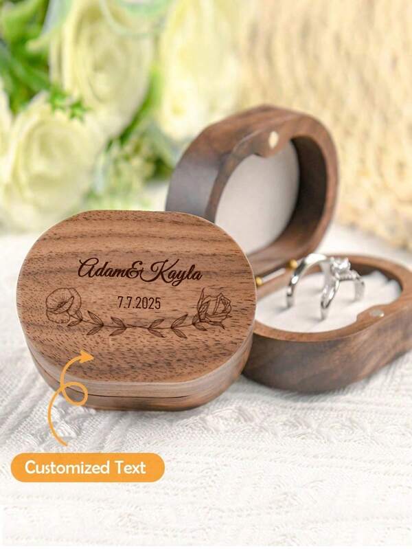 1PC Personalized Walnut Double Ring Box – Custom Engraved Oval Or Square Wooden Ring Holder For Engagement, Wedding Proposal, Anniversary, Or Valentine's Day Gift