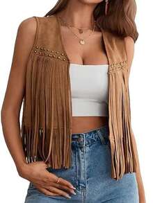 Women's Suede Tassel Vest 70s Hippie Outfit Sleeveless Open Front Vest Western Jacket - Cà phê nâu - Xem 7