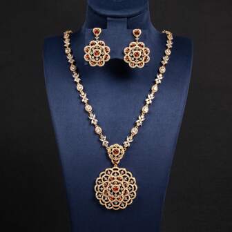 3pcs Gold Tone Circular Flower Shaped, Full Rhinestone, Cubic Zirconia Earrings/Necklace/Jewelry Set, Suitable For Women/Bride/Festival/Party/Banquet, Fashion Jewelry, Accessories, Gift (Multiple Colors Available)