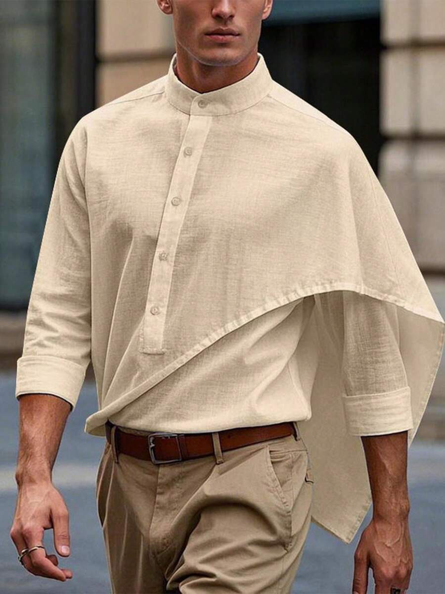 INCERUN Men Stand Collar Buttons Long Seeve Asymmetrical Casual Solid Shirt Holiday Party Loose Blouse Tops - 杏色 - 查看 1