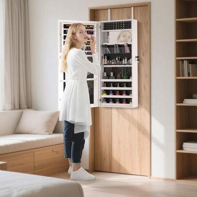 LILIIN 2-In-1 Jewelry Cabinet Hanging Wall Mounted Lockable Mirrored Cabinet Mirror Jewelry Cabinet 107.5 X 36.5 X 9.5 Cm Jewelry Storage Wall Cabinet, White, Black