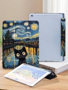 黑色猫咪图案平板电脑保护套，以梵高的《星夜》为主题，饰以河畔风景，兼容 iPad 9.7/10.2/10.5/10.9/12.9/Pro 11（第十代）、Galaxy Tab S6 Lite 10.4 英寸、Kindle Paperwhite（第十二代，2024 年发布）、Kindle（第十一代，2022 年发布），提供柔软防震保护，支持智能支架/自动唤醒/睡眠功能。 - 彩色 - 查看 4