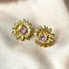 1 对镀金仿钻雏菊耳钉，适合女性日常佩戴，简约设计 - 小雛菊耳釘 - 查看 1