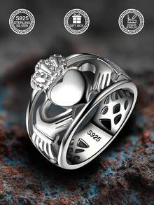 1pc S925 Sterling Silver Ring - Claddagh Celtic Wedding Band, Eternal Love Couple Ring, Loyalty Ring, Perfect For Expressing Love, Valentine's Day, Birthday Gift, Suitable For Daily Wear, Wedding, Party, Comes With Gift Box - Antique Silver - View 4