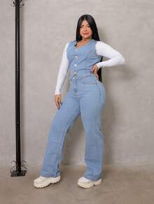 Conjunto de 2 peças Jeans Feminino para mulheres Blusa Colete com detalhes Calça Wide leg Denim Conjunto Elegante Perna Solta Cintura alta Tecido Premium