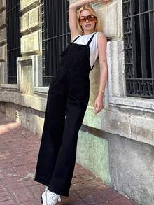Denim Twill Jumpsuit With Casual Lace-Up Pockets And Button Closure - Black - View 4