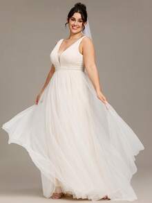 大碼珍珠亮片腰及地網紗婚紗連衣裙不附面紗