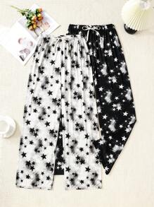 Dwuczęściowy damski komplet piżamowy z nadrukiem w gwiazdy – spodnie dresowe ze ściągaczem w pasie, ubrania na jesień