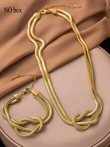 2 piezas/set de joyería de collar y pulsera trenzado de acero inoxidable, diseño de doble capa de moda para mujeres y hombres, ideal para uso diario, Gatherings, festivales y fiestas - Amarillo Oro - Ver 4