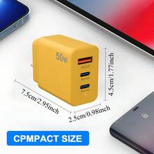 50W USB-C 三口 PPS 快充充电器，GaN 电源适配器，支持 PD 快充，兼容平板电脑、笔记本电脑和智能手机，包括 16/15 英寸 iPad、Galaxy S24/S23/S22/S21/S20 系列等。 - 查看 4