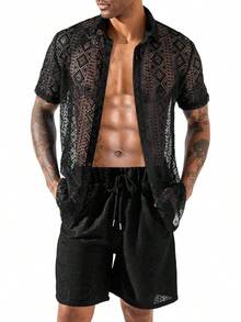 Men Summer Casual Short Sets Lace Short Sleeve Button Down Shirt Elastic Waist Shorts 2 Piece Outfits Tracksuithalloween - 橘色 - 查看 7